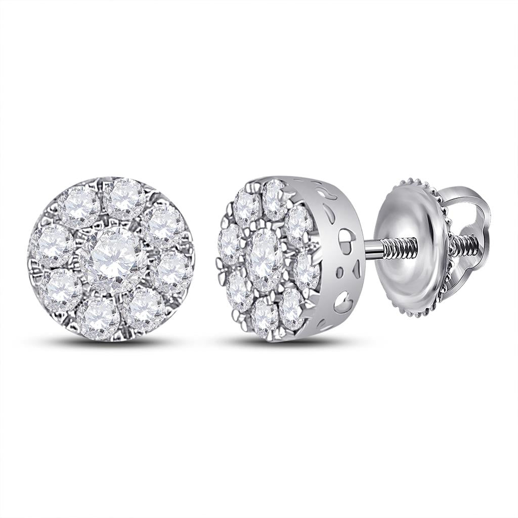 14k White Gold Round Diamond Flower Cluster Earrings 3/4 Cttw