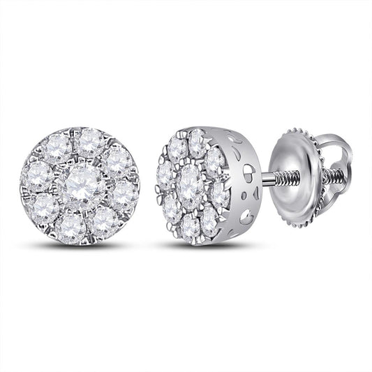 14k White Gold Round Diamond Flower Cluster Earrings 3/4 Cttw