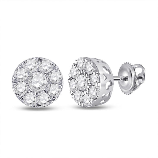 14k White Gold Round Diamond Flower Cluster Earrings 1-3/8 Cttw