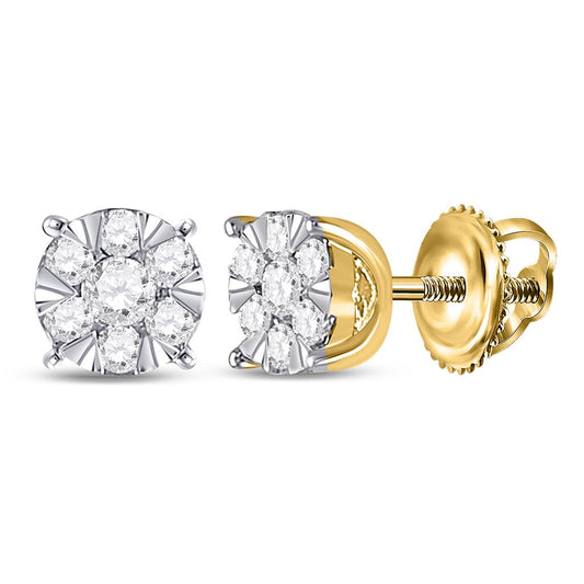 14k Yellow Gold Round Diamond Flower Cluster Earrings 1/4 Cttw
