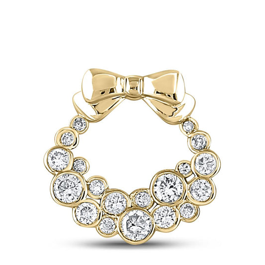 10k Yellow Gold Round Diamond Holiday Wreath Pendant 1/2 Cttw