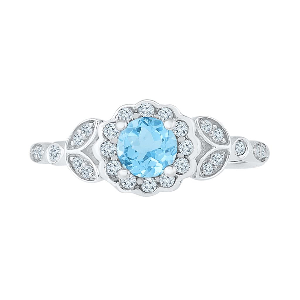 14k White Gold Round Created Blue Topaz Solitaire Flower Ring 7/8 Cttw