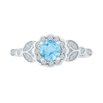 14k White Gold Round Created Blue Topaz Solitaire Flower Ring 7/8 Cttw