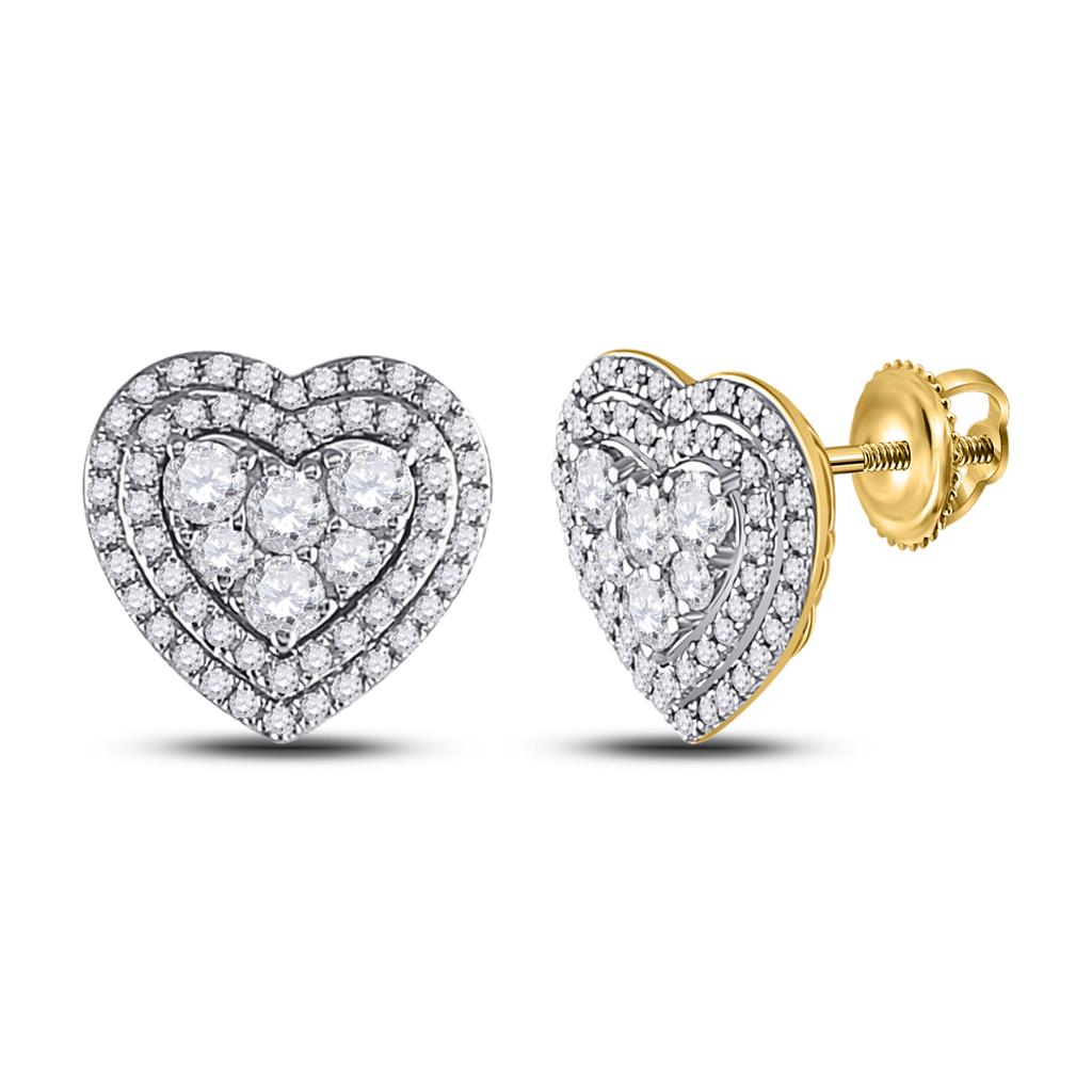 14k Yellow Gold Round Diamond Heart Cluster Earrings 1 Cttw