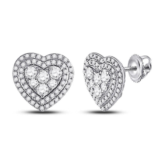 14k White Gold Round Diamond Heart Earrings 1 Cttw