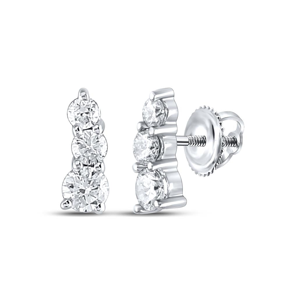 14k White Gold Round Diamond Fashion 3-stone Earrings 1/2 Cttw
