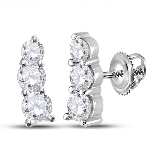 14k White Gold Round Diamond Fashion 3-stone Earrings 1 Cttw