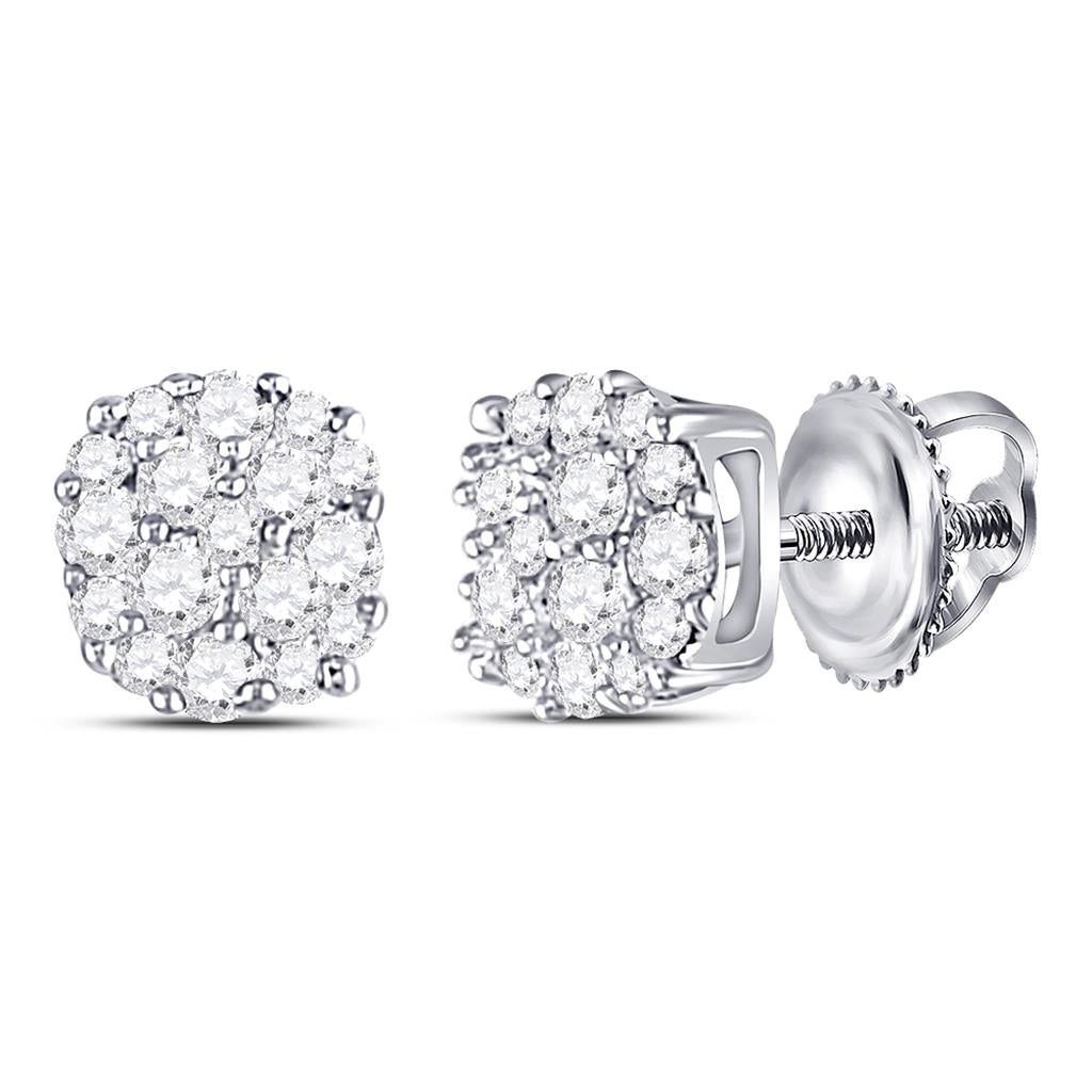 14k White Gold Round Diamond Fashion Cluster Earrings 1/5 Cttw