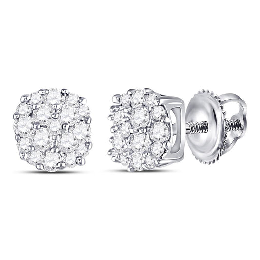 14k White Gold Round Diamond Fashion Cluster Earrings 1/5 Cttw