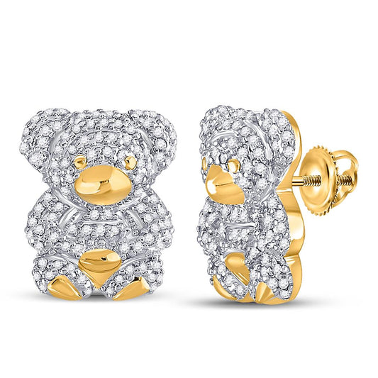 10k Yellow Gold Round Diamond Teddy Bear Animal Earrings 1/2 Cttw