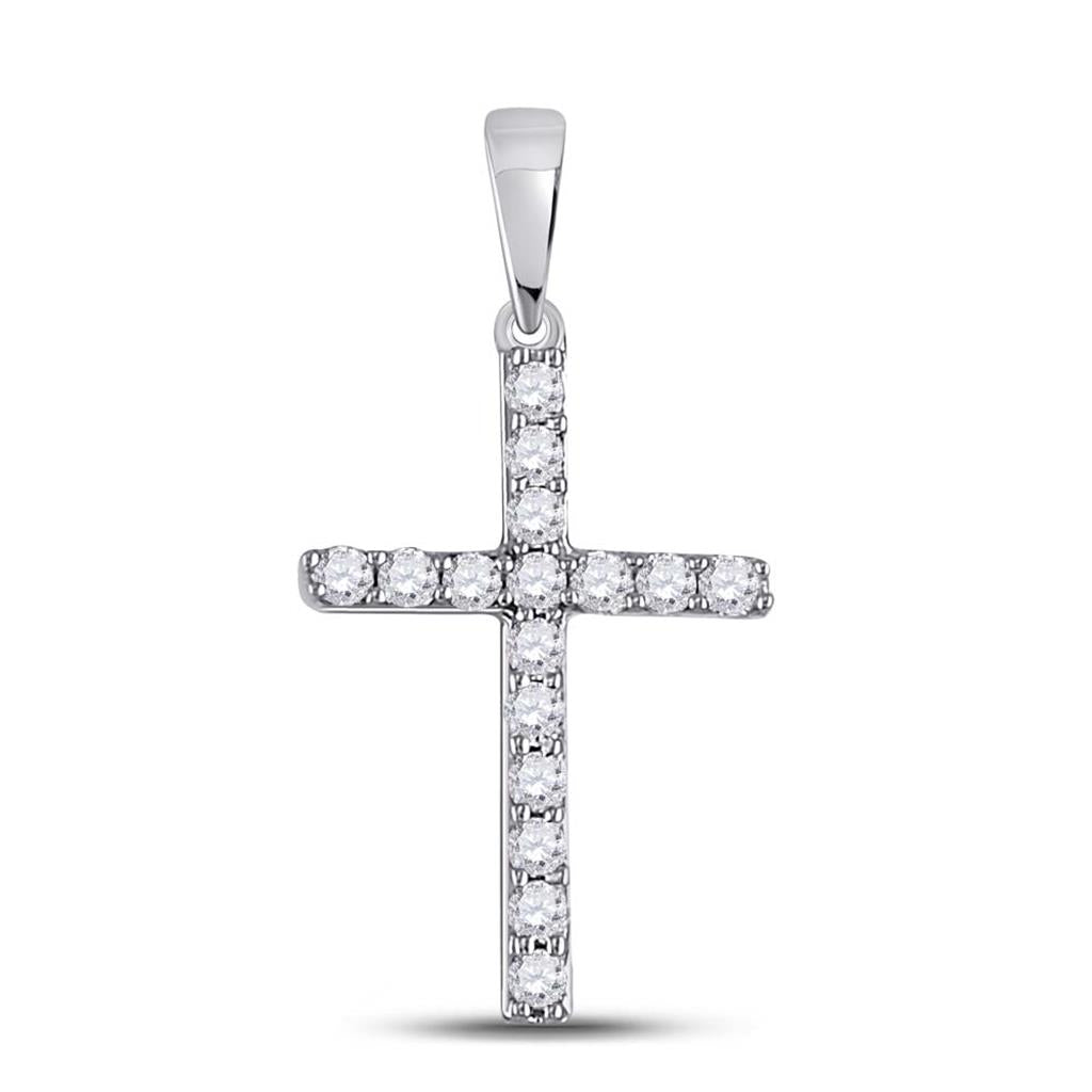14k White Gold Round Diamond Religious Cross Pendant 1/10 Cttw
