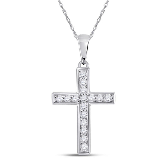 14k White Gold Round Diamond Cross Pendant 1/10 Cttw