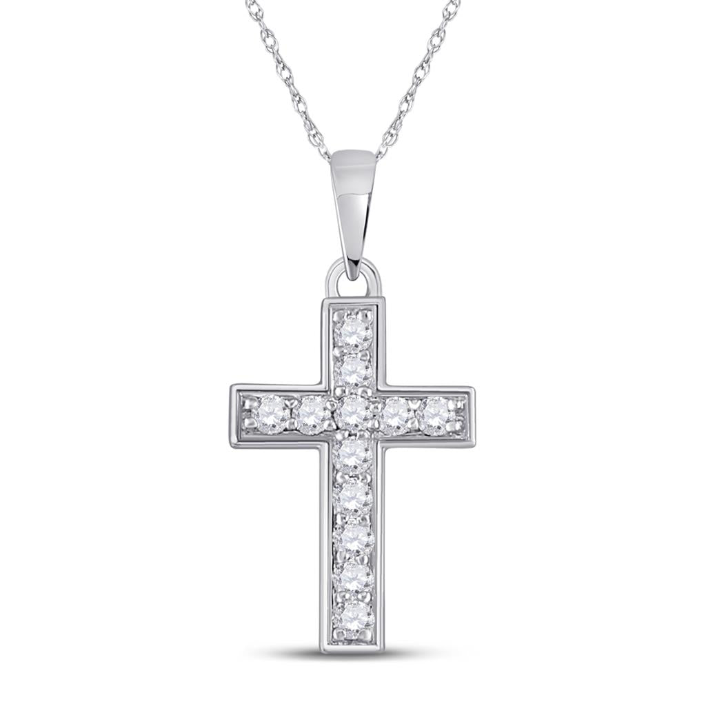 14k White Gold Round Diamond Cross Pendant 1/6 Cttw