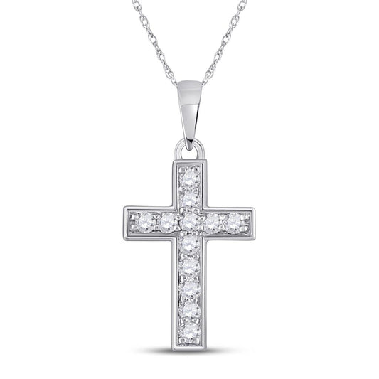 14k White Gold Round Diamond Cross Pendant 1/6 Cttw