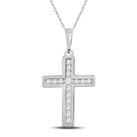 14k White Gold Round Diamond Cross Pendant 1/10 Cttw