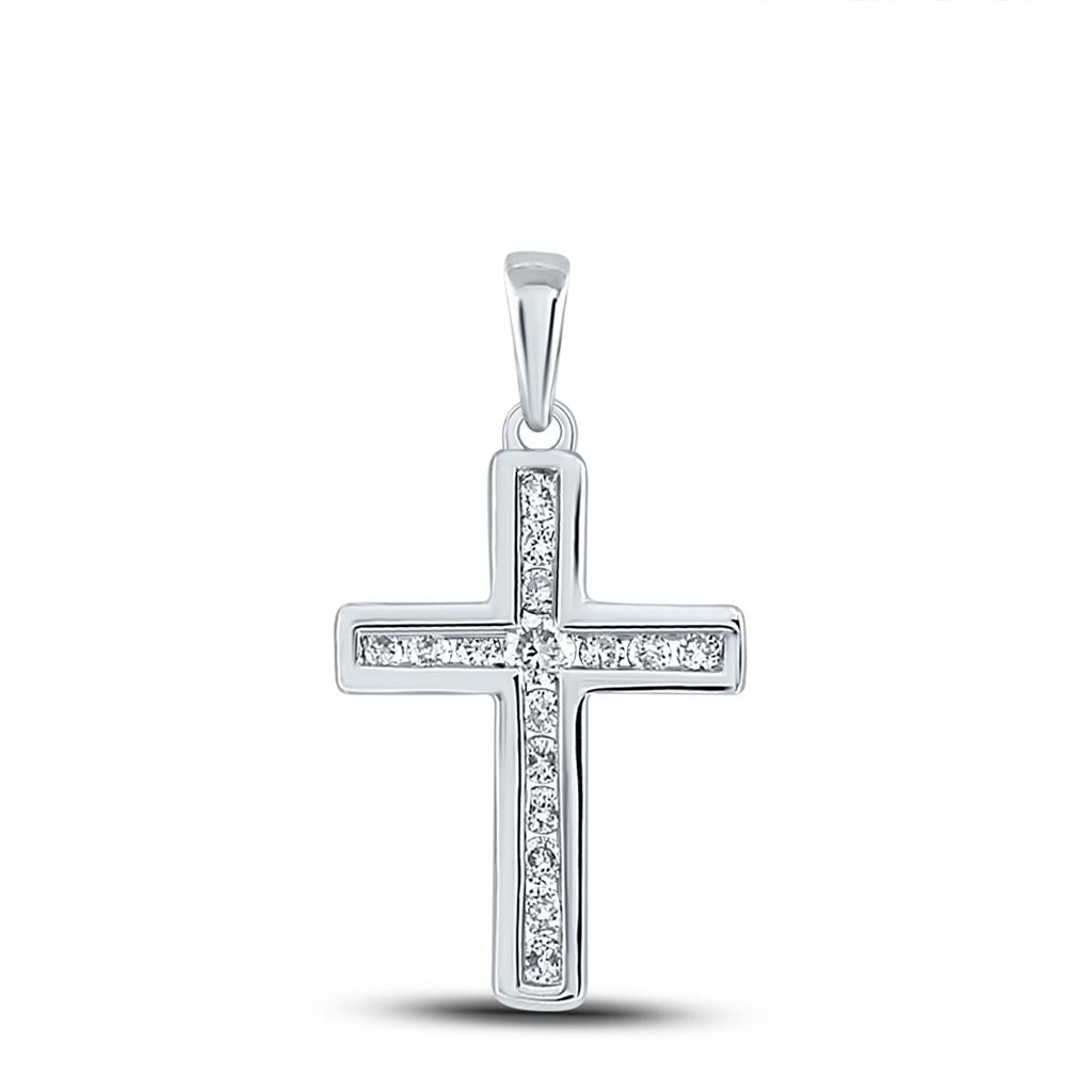 14k White Gold Round Diamond Religious Cross Pendant 1/5 Cttw
