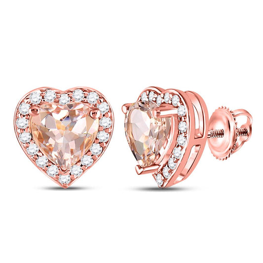 10k Rose Gold Morganite Heart Diamond Stud Earrings 1-1/2 Cttw