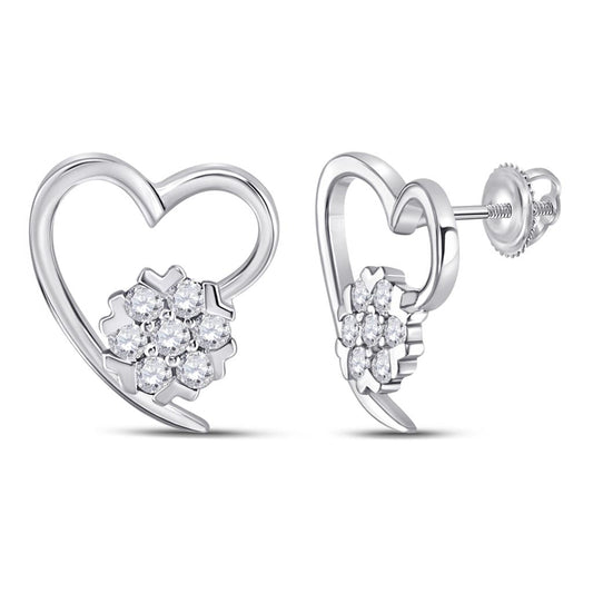 14k White Gold Round Diamond Heart Earrings 1/5 Cttw