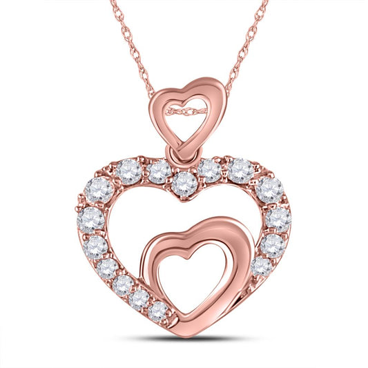 10k Rose Gold Round Diamond Double Heart Pendant 1/5 Cttw