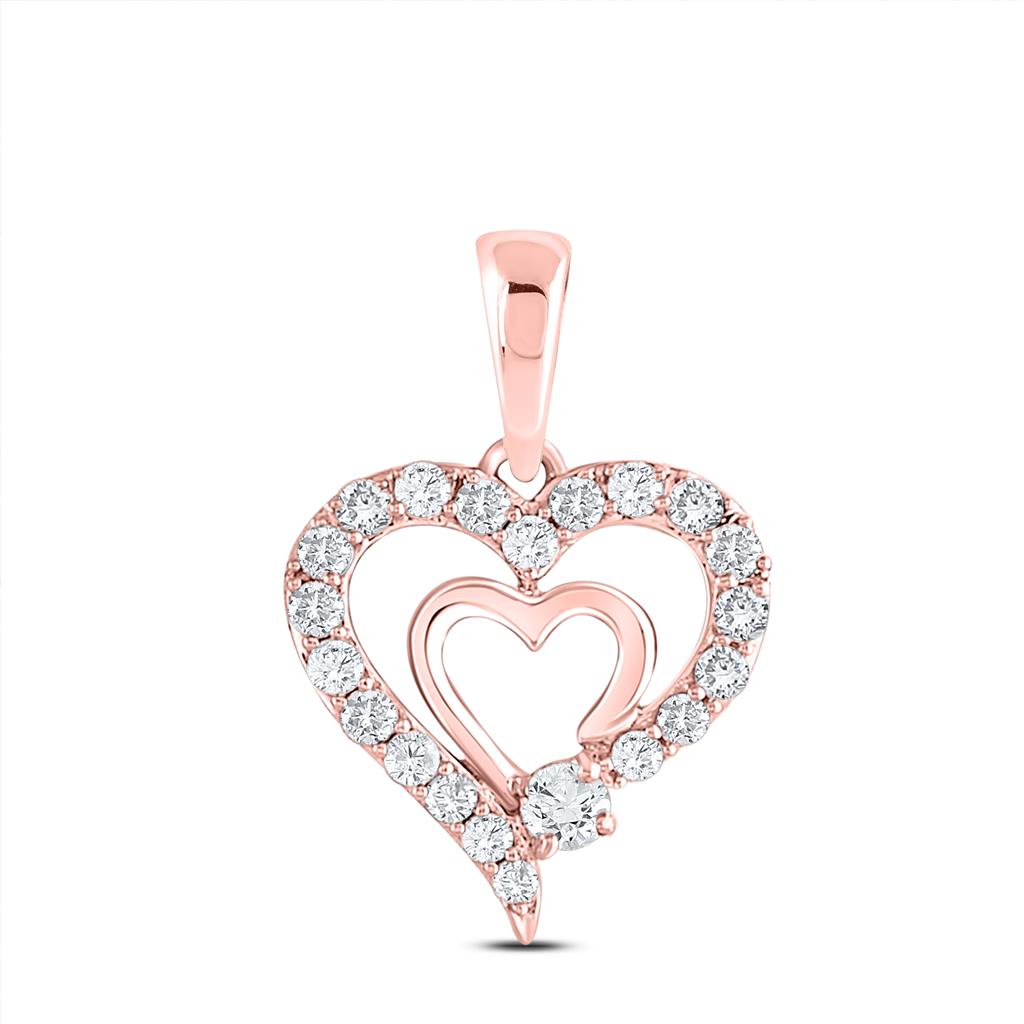 10k Rose Gold Round Diamond Double Heart Pendant 1/4 Cttw