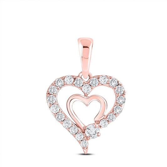 10k Rose Gold Round Diamond Double Heart Pendant 1/4 Cttw