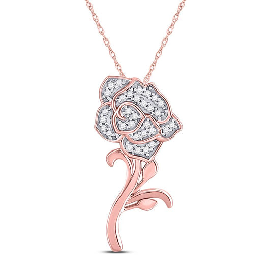 10k Rose Gold Round Diamond Rose Flower Pendant 1/10 Cttw