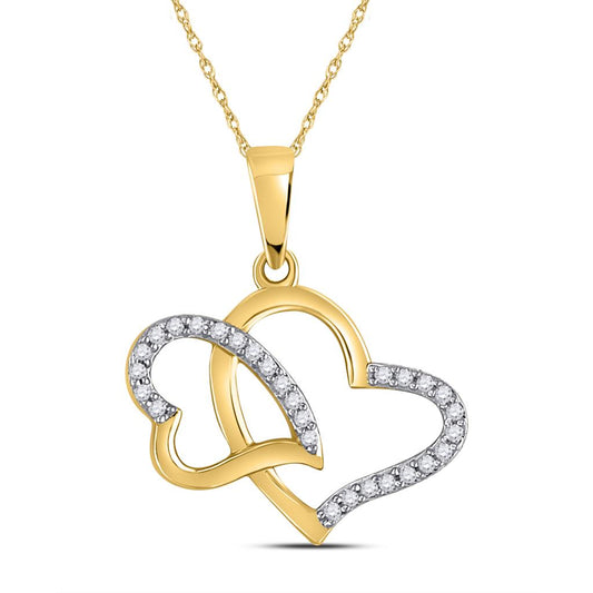 10k Yellow Gold Round Diamond Double Heart Pendant 1/6 Cttw