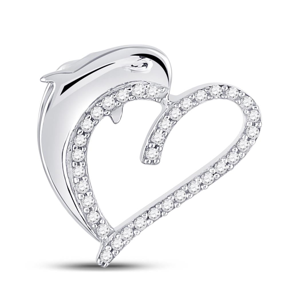 14k White Gold Round Diamond Heart Dolphin Pendant 1/5 Cttw