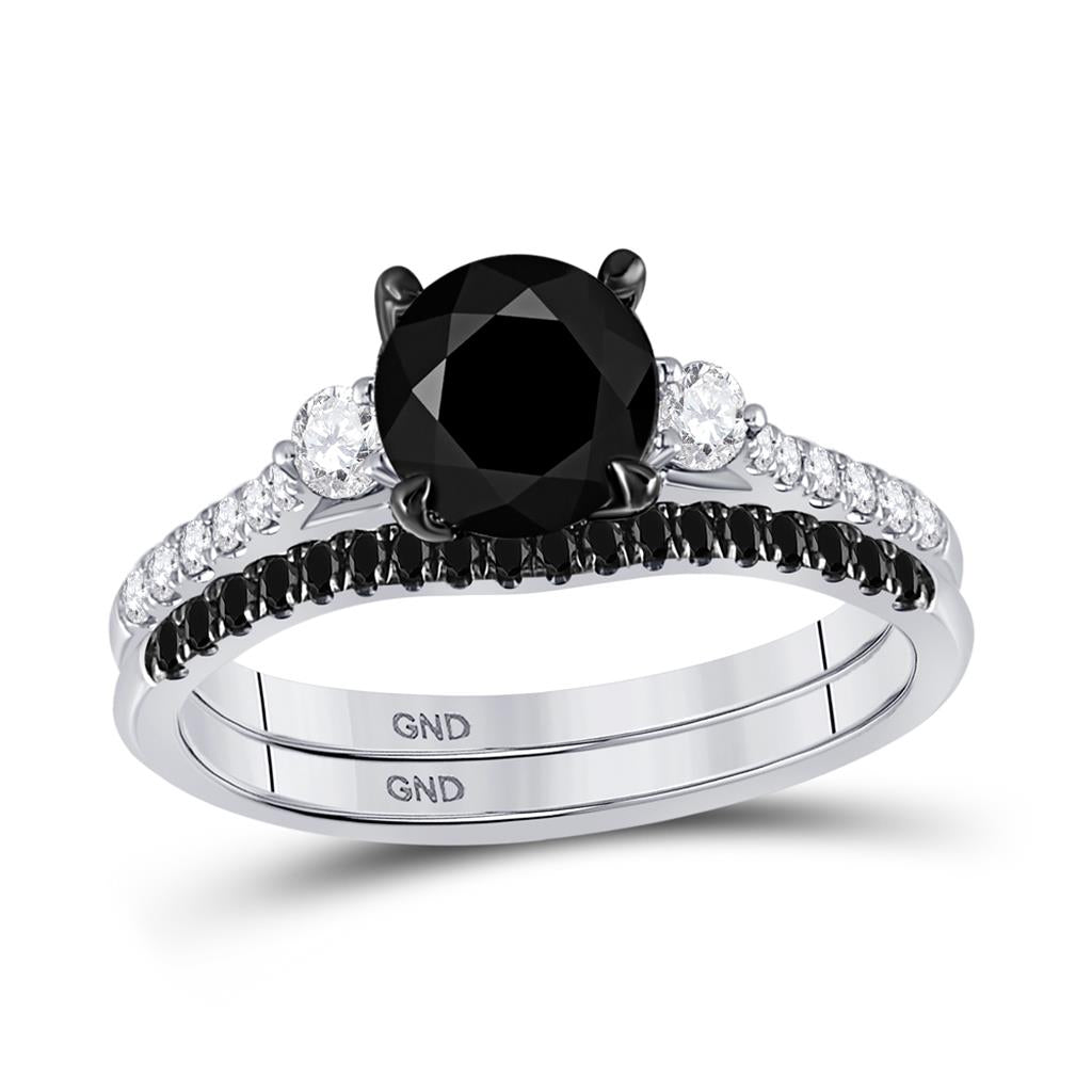 14k White Gold Round Black Diamond Bridal Wedding Ring Set 1-7/8 Cttw