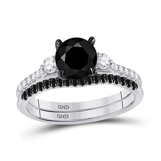 14k White Gold Round Black Diamond Bridal Wedding Ring Set 1-7/8 Cttw