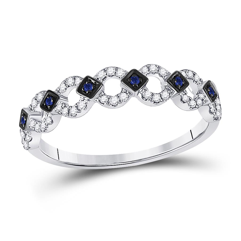 14k White Gold Round Created Blue Sapphire Band Ring 1/6 Cttw