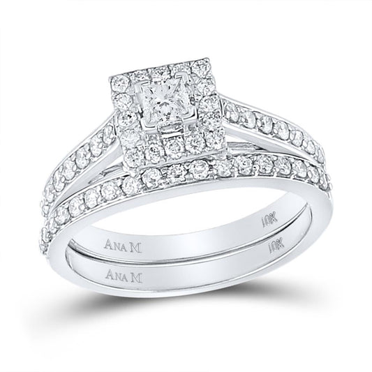14k White Gold Princess Diamond Bridal Wedding Ring Set 7/8 Cttw (Certified)