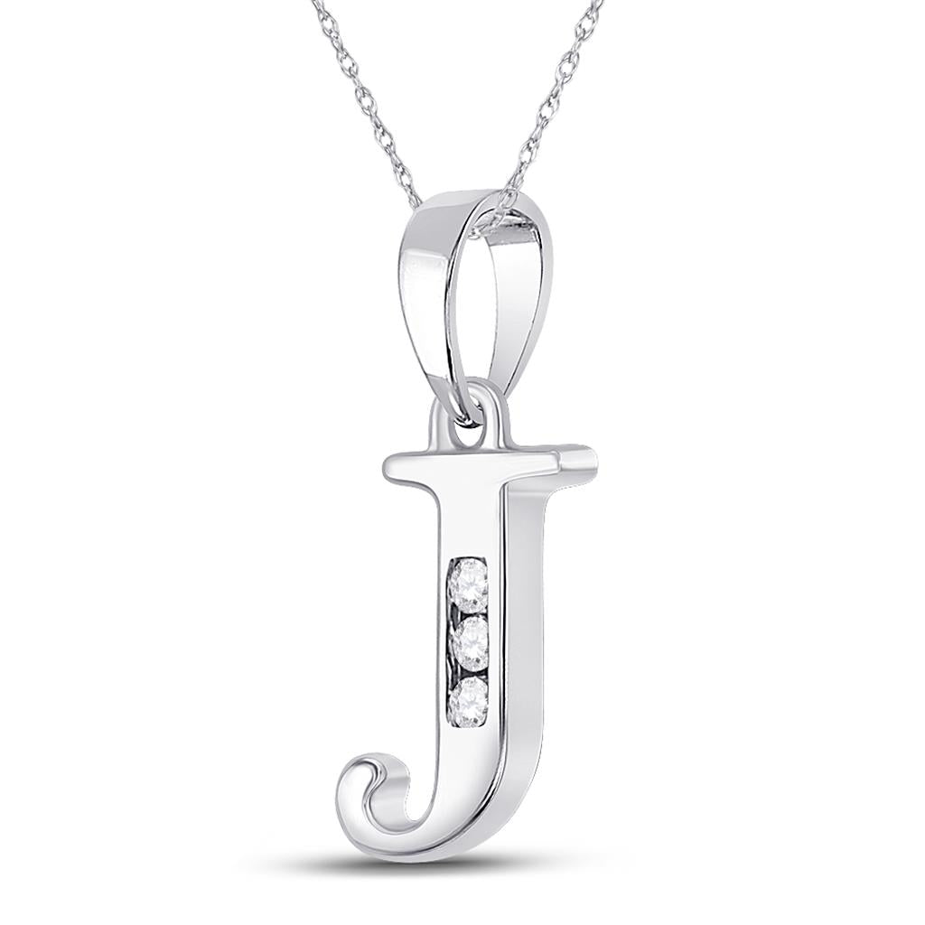 14k White Gold Round Diamond J Initial Letter Pendant 1/20 Cttw