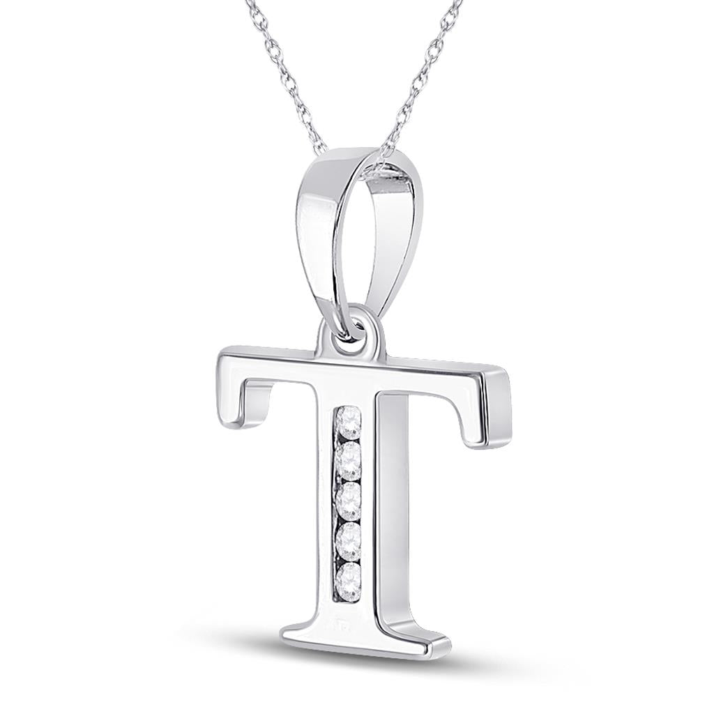 14k White Gold Round Diamond T Initial Letter Pendant 1/20 Cttw