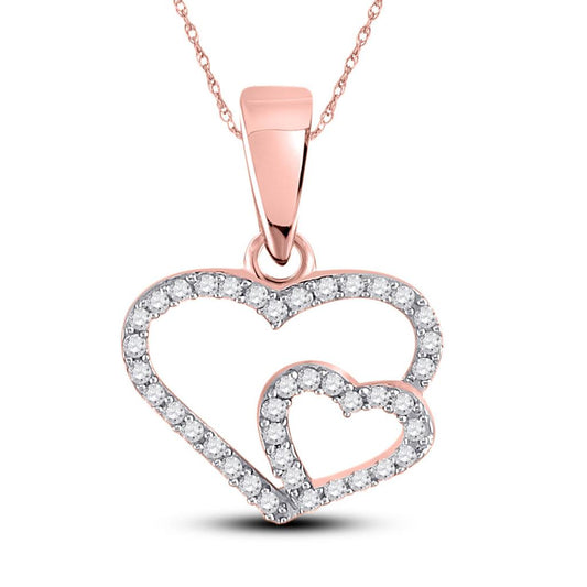 10k Rose Gold Round Diamond Double Heart Pendant 1/10 Cttw