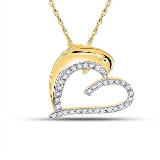 10k Yellow Gold Round Diamond Heart Dolphin Pendant 1/5 Cttw