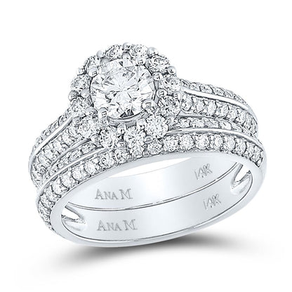 14k White Gold Round Diamond Halo Bridal Wedding Ring Set 1-7/8 Cttw (Certified)