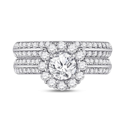 14k White Gold Round Diamond Halo Bridal Wedding Ring Set 1-7/8 Cttw (Certified)
