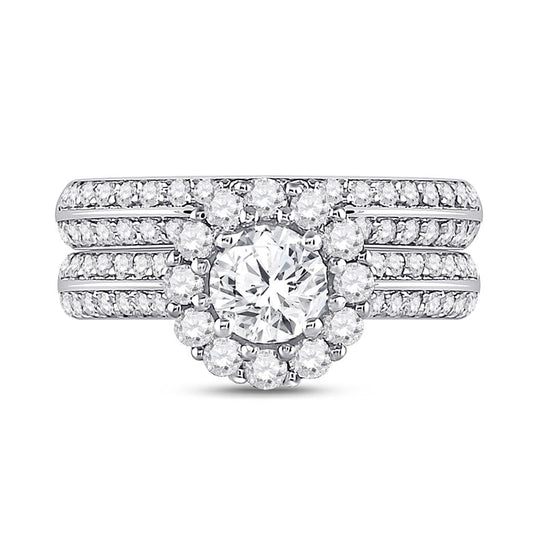 14k White Gold Round Diamond Halo Bridal Wedding Ring Set 1-7/8 Cttw (Certified)
