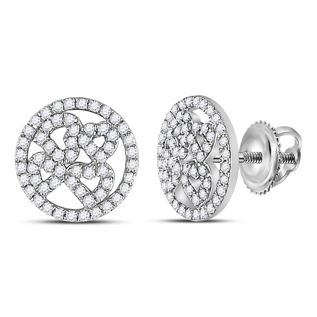 14k White Gold Round Diamond Heart Circle Earrings 1/2 Cttw