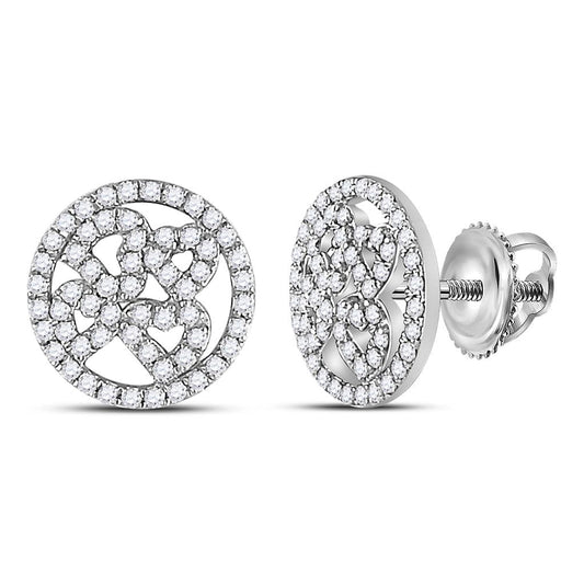 14k White Gold Round Diamond Heart Circle Earrings 1/2 Cttw