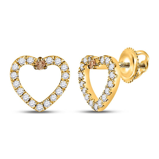 10k Yellow Gold Round Brown Diamond Heart Earrings 1/6 Cttw