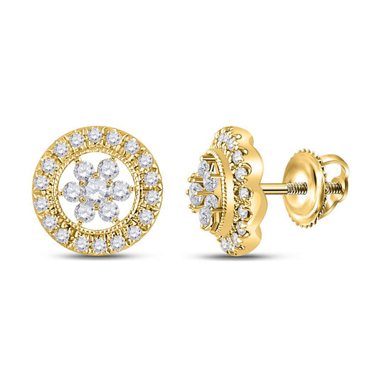 14k Yellow Gold Round Diamond Circle Cluster Earrings 3/8 Cttw