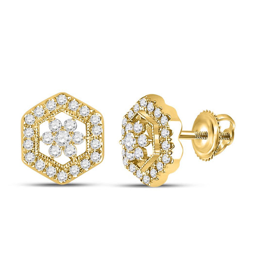 14k Yellow Gold Round Diamond Geometric Cluster Earrings 3/8 Cttw