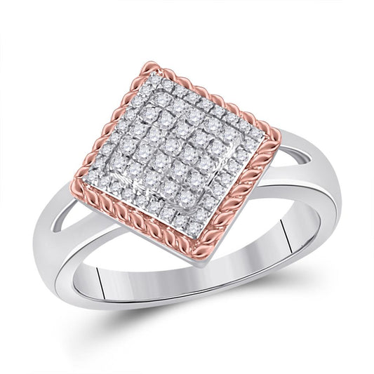 10k Two-tone Gold Round Diamond Rope Offset Square Cluster Ring 1/4 Cttw