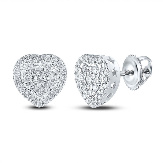 14k White Gold Round Diamond Heart Earrings 1/2 Cttw
