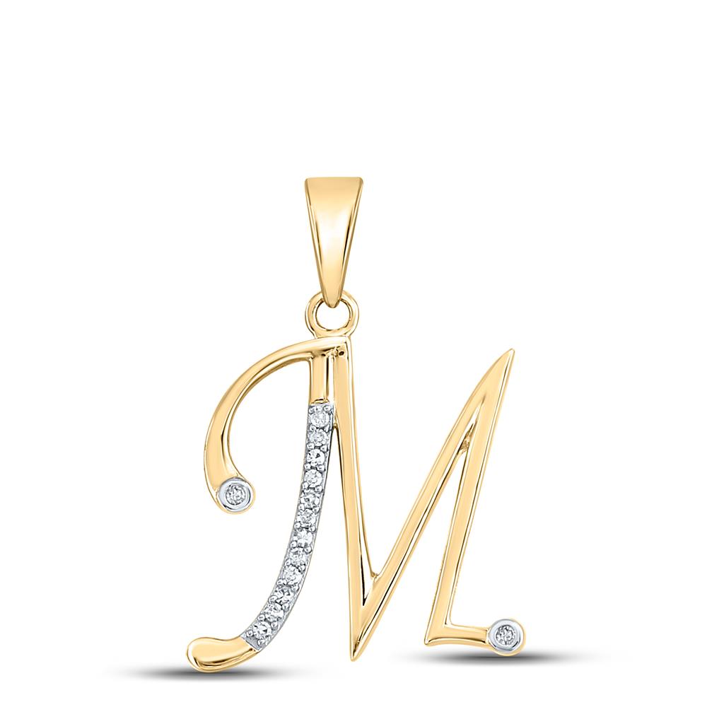 10k Yellow Gold Round Diamond M Initial Letter Pendant 1/20 Cttw