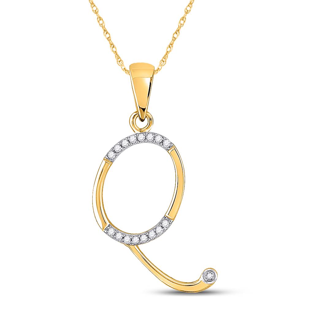 10k Yellow Gold Round Diamond Initial Q Letter Pendant 1/12 Cttw