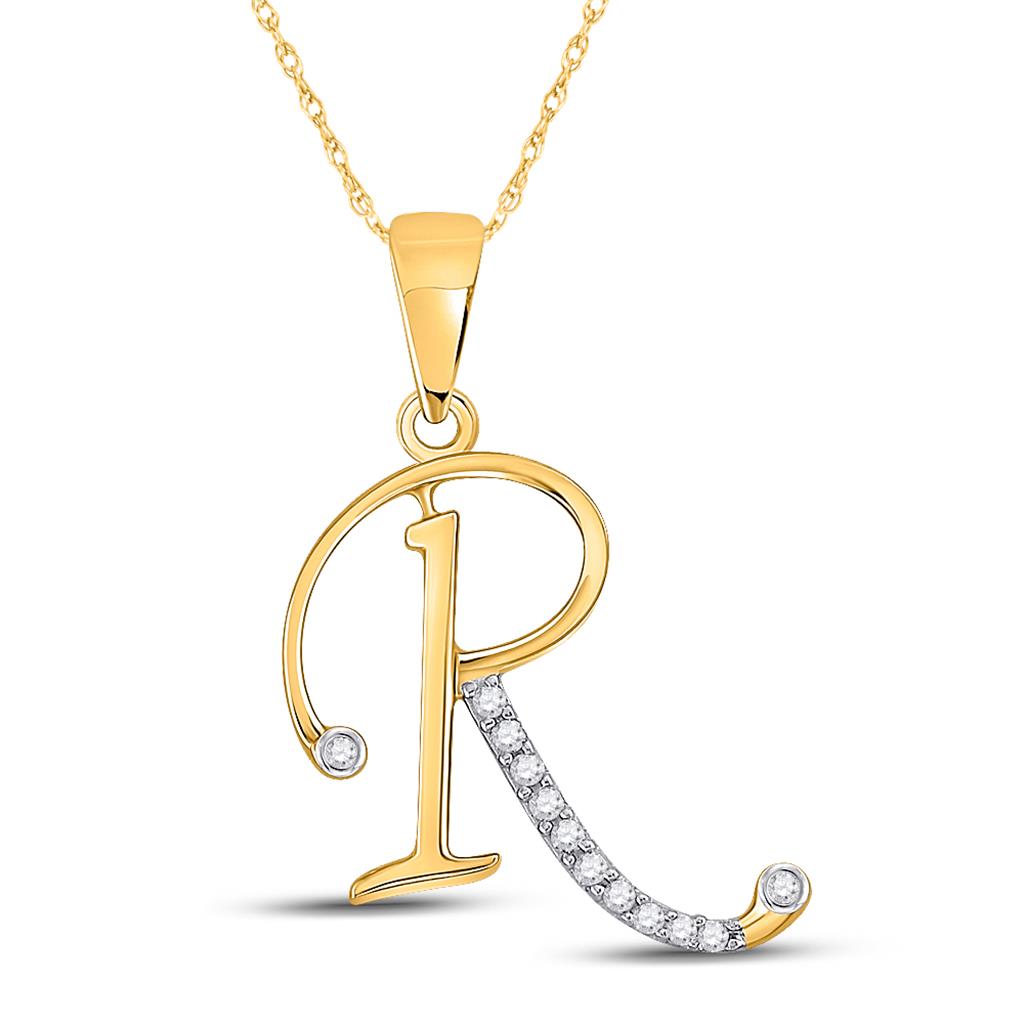 10k Yellow Gold Round Diamond R Initial Letter Pendant 1/12 Cttw
