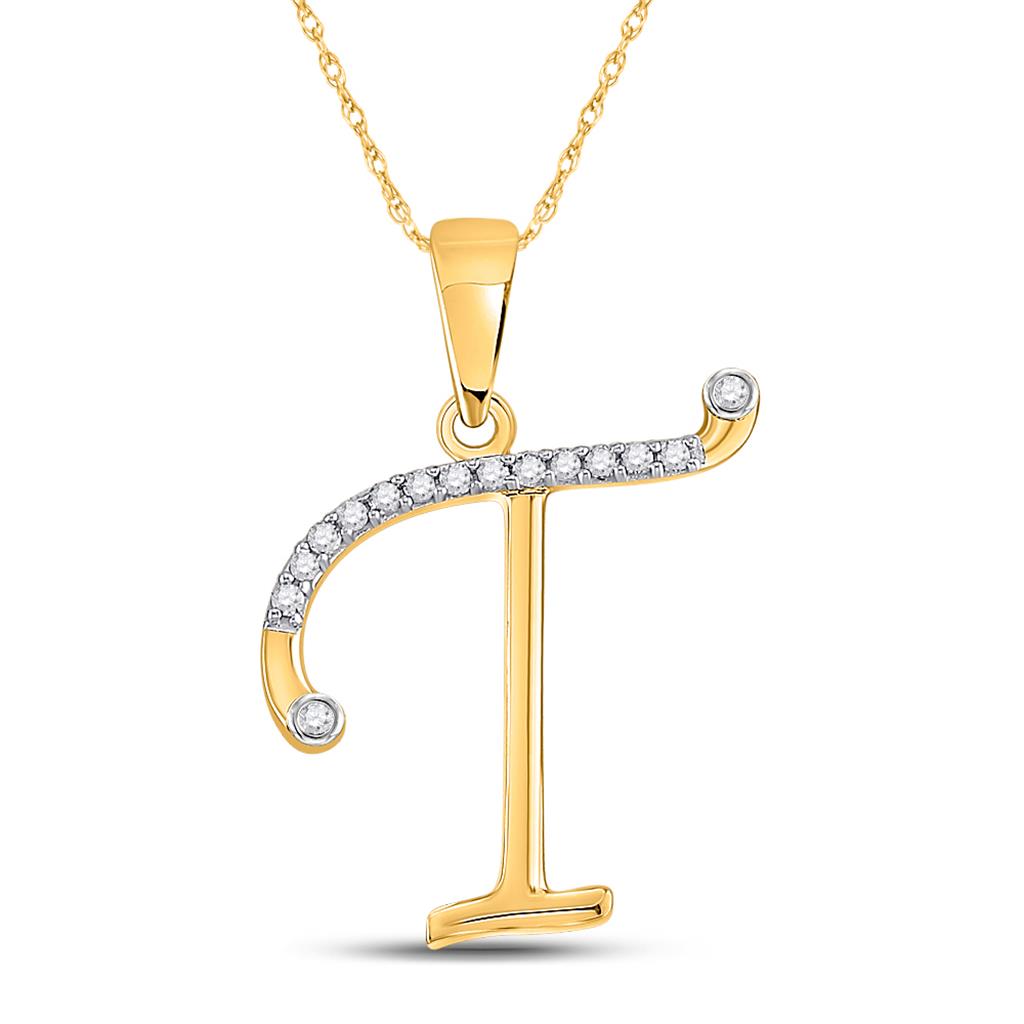 10k Yellow Gold Round Diamond T Initial Letter Pendant 1/10 Cttw
